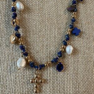 Gold Bead & Navy Blue Charm Necklace with Pearl and Cross Accents